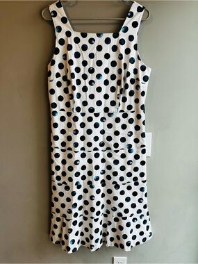 Talbots Sleeveless White Dress with Blue & Black Polka Dots Size 8